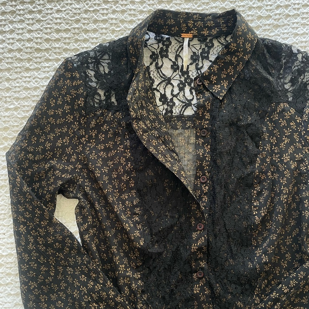 Free people women’s button up shirt black floral lace long sleeve sheer S